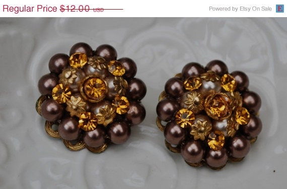 June Sale Vintage Leru citron rhinestonemetalic purple gold  bead cluster earrings