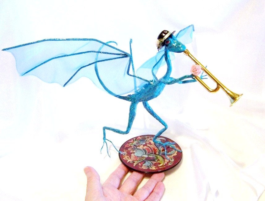 Dragon Musician Art Doll: Miles, Turquoise Dragon Playing a Trumpet