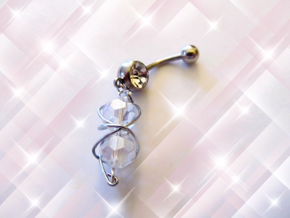 SALE--Belly Ring,  Wire Meshed Double Shimmery Swarovski Crystal, Belly Button Ring, Entwined In Wire, Belly Button Jewelry for Her