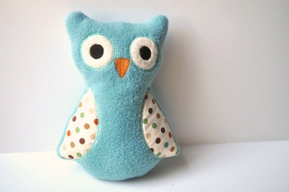 Blue Owl - Baby Boy Owl - Cuddly Owl - Plush Owl Pillow - Blue Owl Doll with Polka Dot Fabric