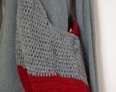 Crocheted Market Bag with Long Handle in Grey and Red