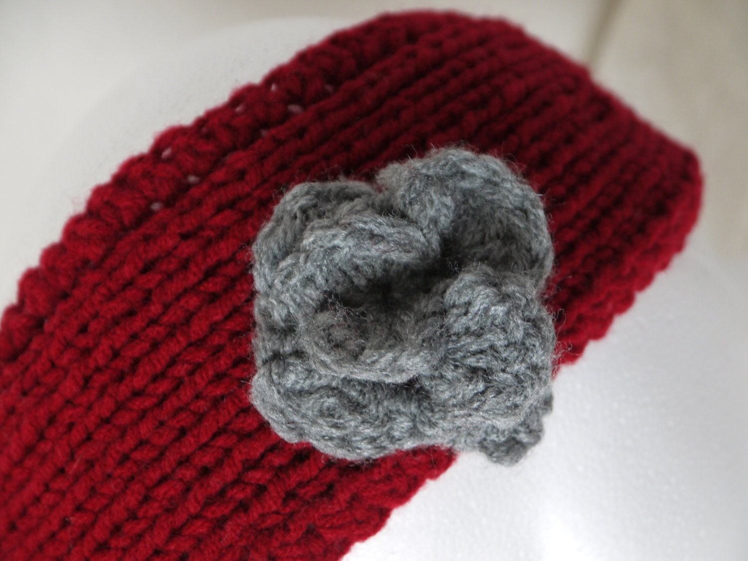 Knit Flower Headband in Red and Grey