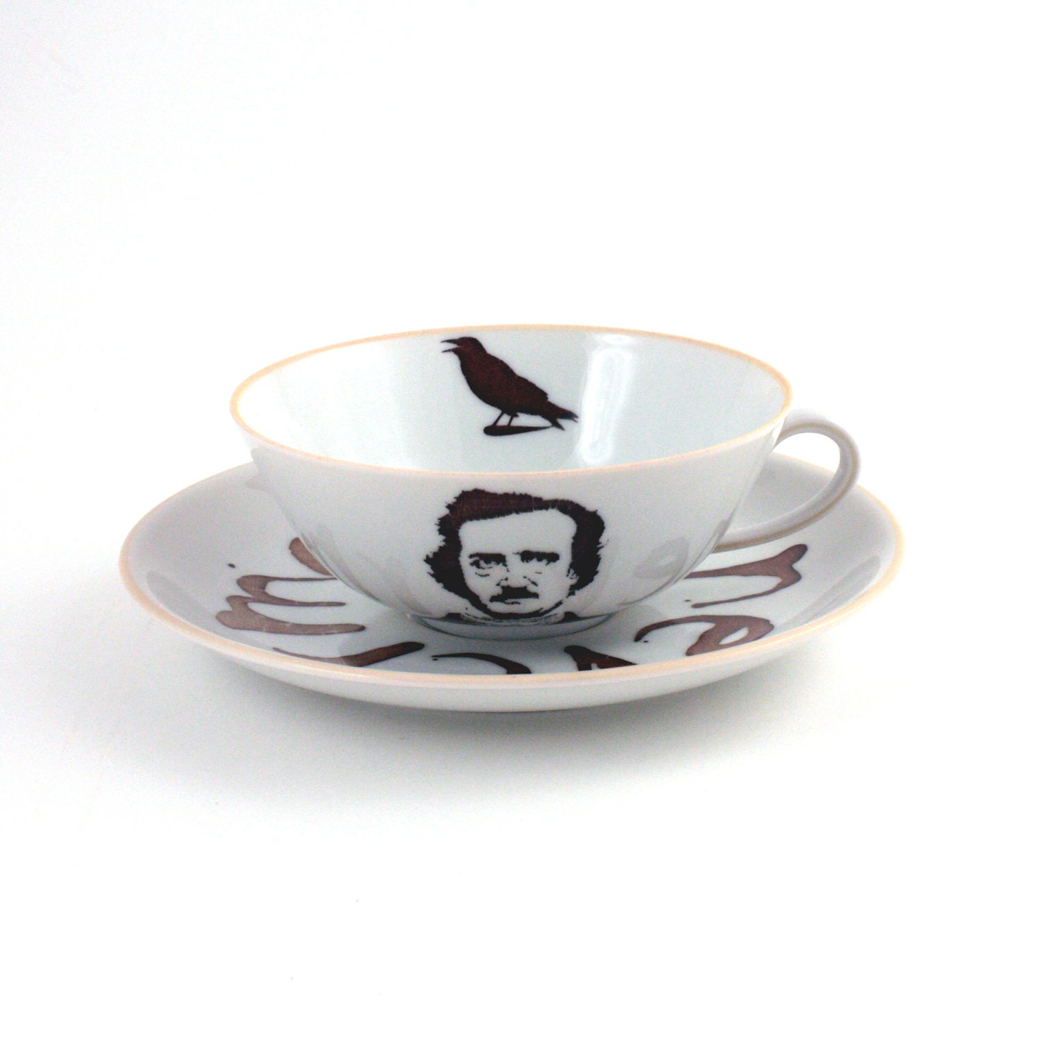 Altered Edgar Allan PoeTea or Coffee Cup with Saucer Vintage Porcelain The Raven Nevermore Poem White Brown Literature