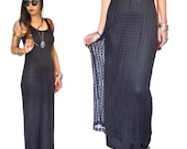 HOLA VINTAGE 90s Black Crochet Lace Maxi Dress - Boho Gypsy Grunge Dress - Summer Festival Mesh Dress - Long Sleeveless Black Dress - Small