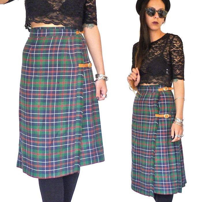 HOLA VINTAGE 90s Grunge Tartan Plaid Kilt Skirt - High Waist Pleated Kilt Midi - Green Tartan Plaid School Skirt- Leather Straps - Small