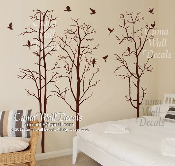 Tree wall decal Nursery wall sticker Branch vinyl wall decal Children wall decals nature - 3 dark brown trees birds Z144 cuma