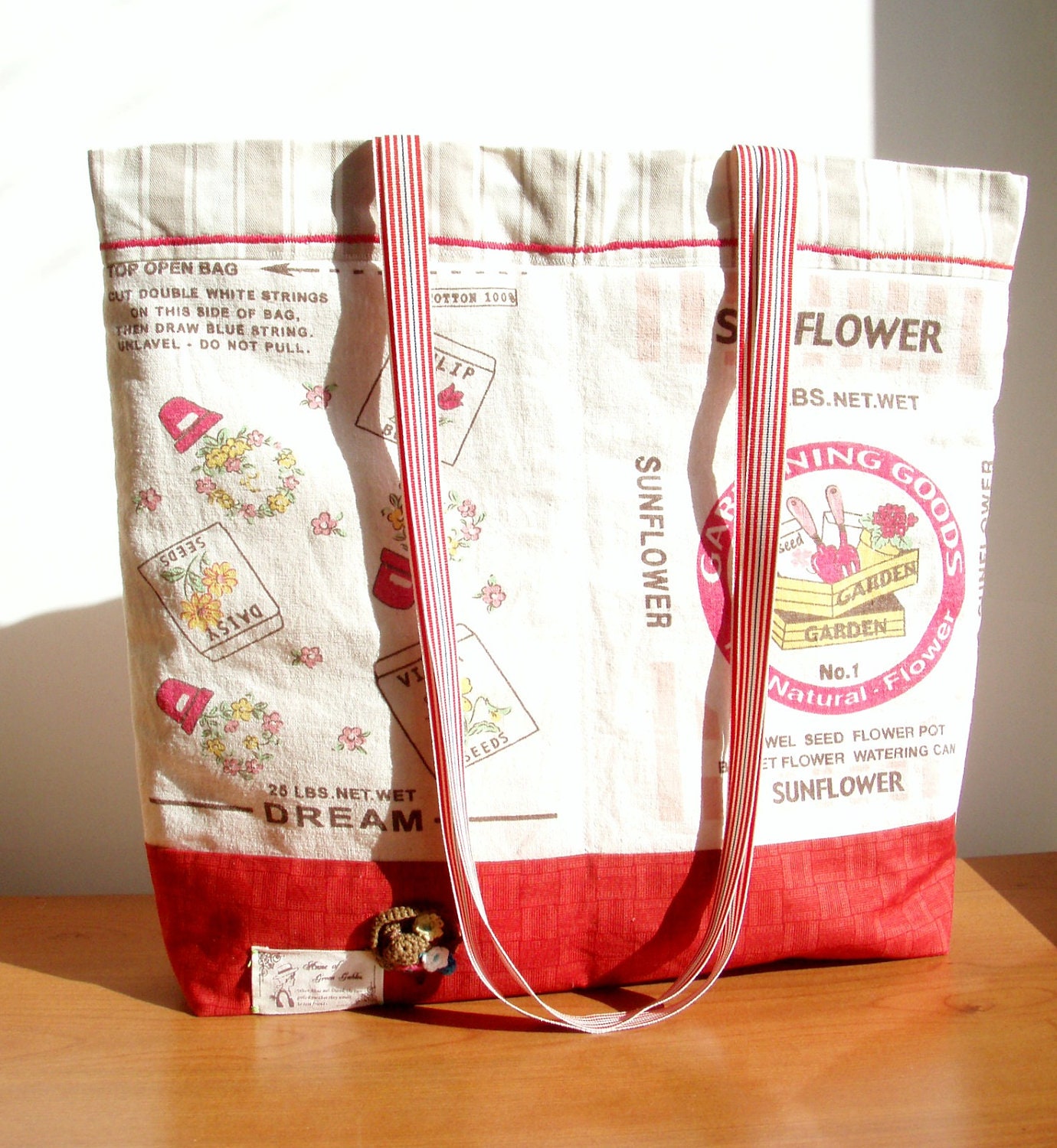Feedsack Tote Bag, Flowers Tote Bag, Cottage Tote