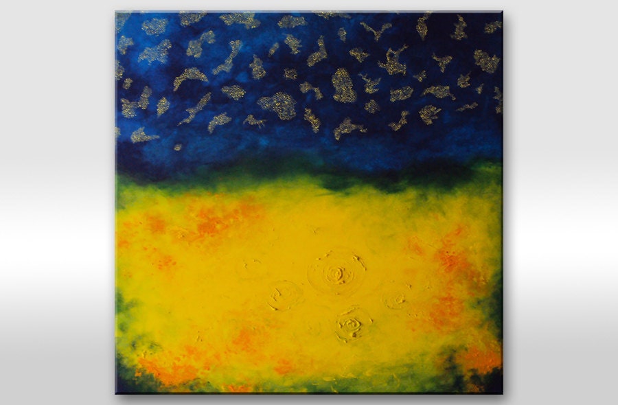 Modern Painting Abstract blue and yellow painting on canvas Texture contemporary original landscape. Wall art home decor 24x24