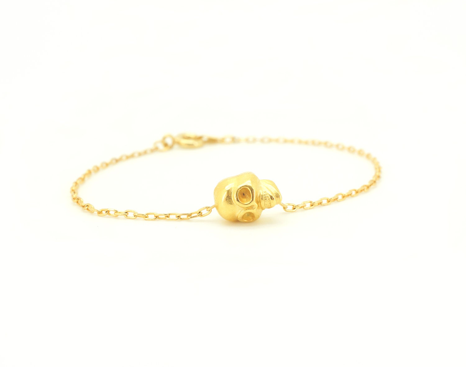 Tiny Skull Bracelet - Gold Tone Skull Charm on Gold Delicate Chain
