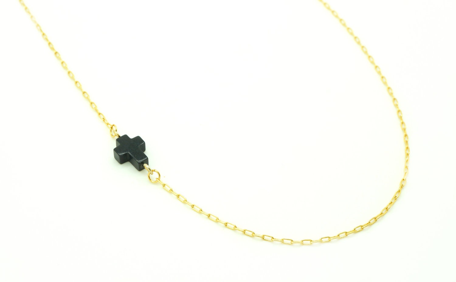 Tiny Black Sideways Cross Necklace - Side Off Centered Cross Necklace
