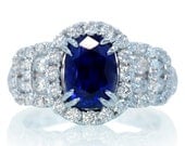 18 Karat White Gold Oval Diamond Halo Ceylon Sapphire Engagement Wedding Anniversary Ring