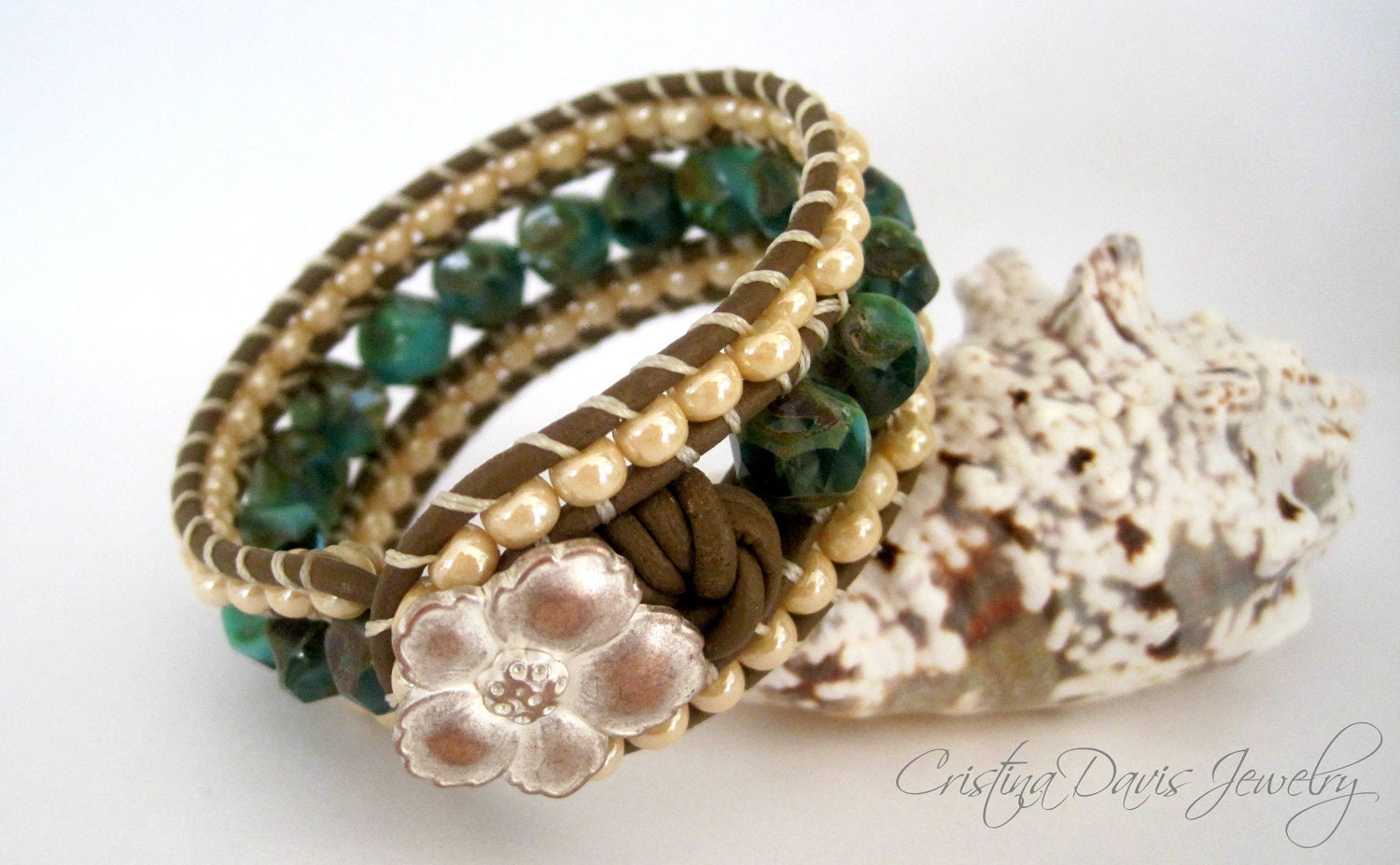 Beaded Leather Cuff, Aqua Turquoise Picasso, Ivory Pearl, Boho Chic, Triple Row Beaded, Holiday Gift Ideas
