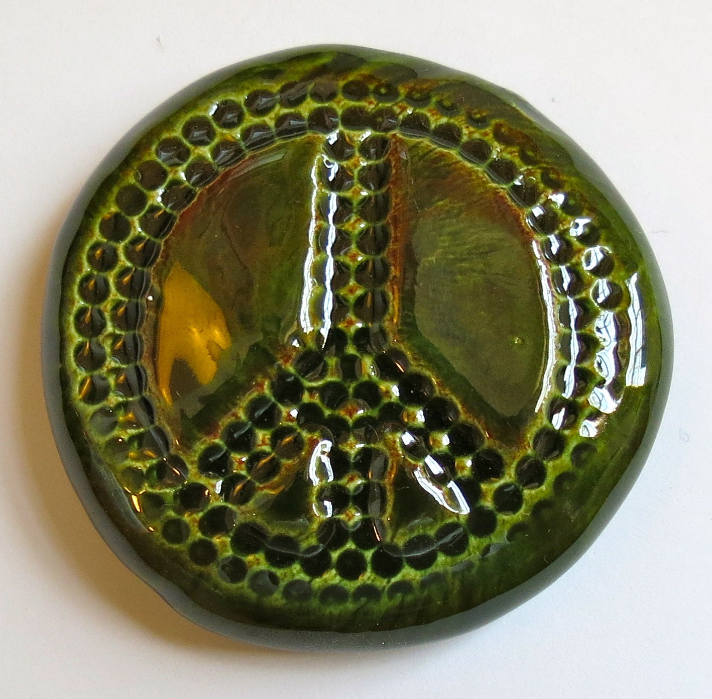 PEACE SIGN Pocket Stone - Ceramic - Forest Green Art Glaze - Inspirational Art Piece