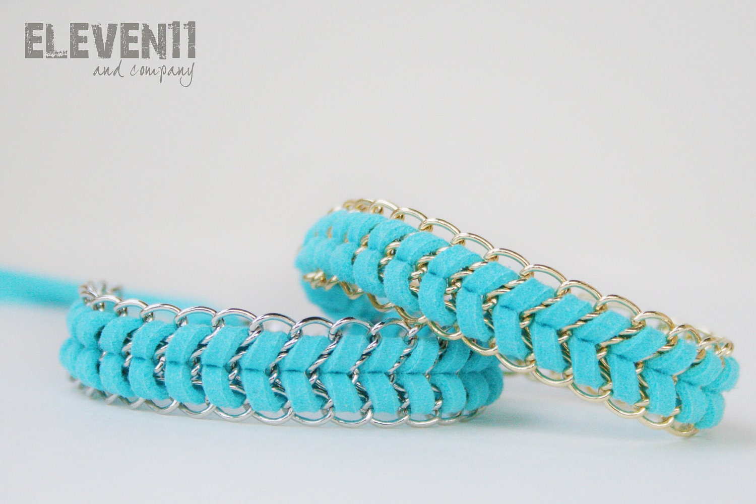 Chevron Friendship Bracelet. Turquoise faux suede with gold or silver chain.
