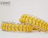 Layering bracelets. Chevron friendship bracelets. Yellow faux suede with gold and silver chain pictured.