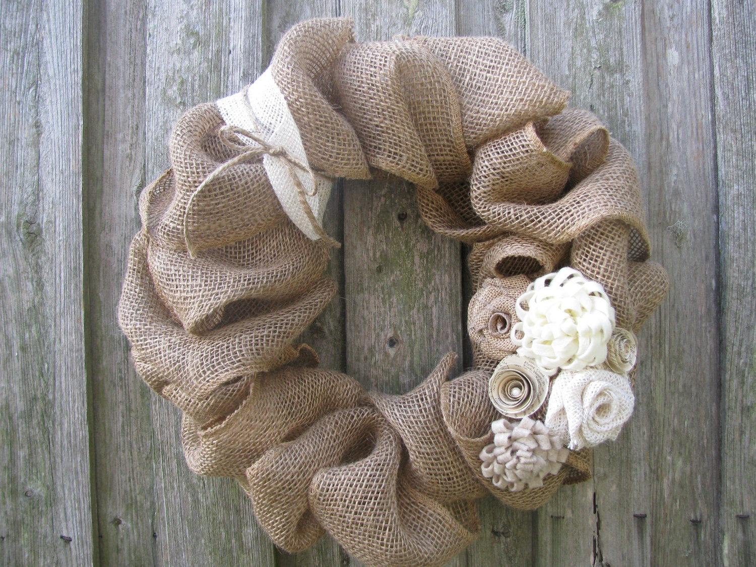 Winter White Rosettes & Burlap Wreath - 15"