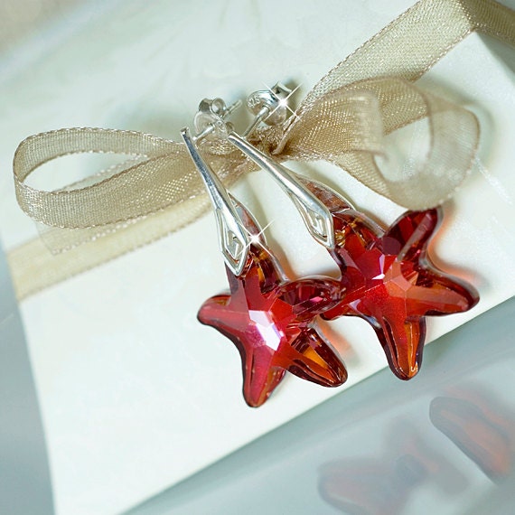 Swarovski Red Crystal Starfish Earrings, 925 Sterling Silver Earrings. Bridal Earrings, Red Bridesmaid Earrings.Red Swarovski Earring