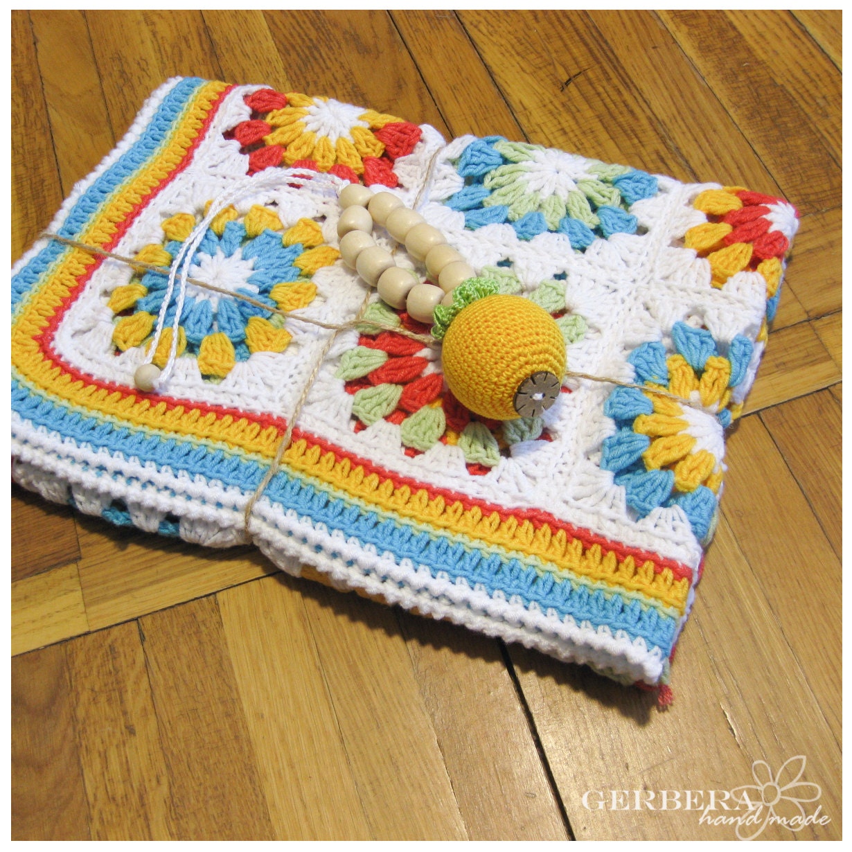 Rainbow Crochet Baby gift set - baby blanket & crochet rattle - granny square afghan - red yellow green turquoise white  MADE TO ORDER