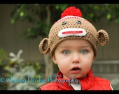 Crochet Red White Tan Monkey Hat Boy or Girl Newborn Infant Toddler Beanie Photography Prop