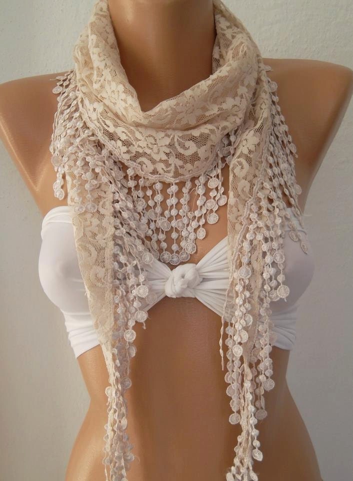 Beige / Elegance Shawl / Scarf with Lacy Edge