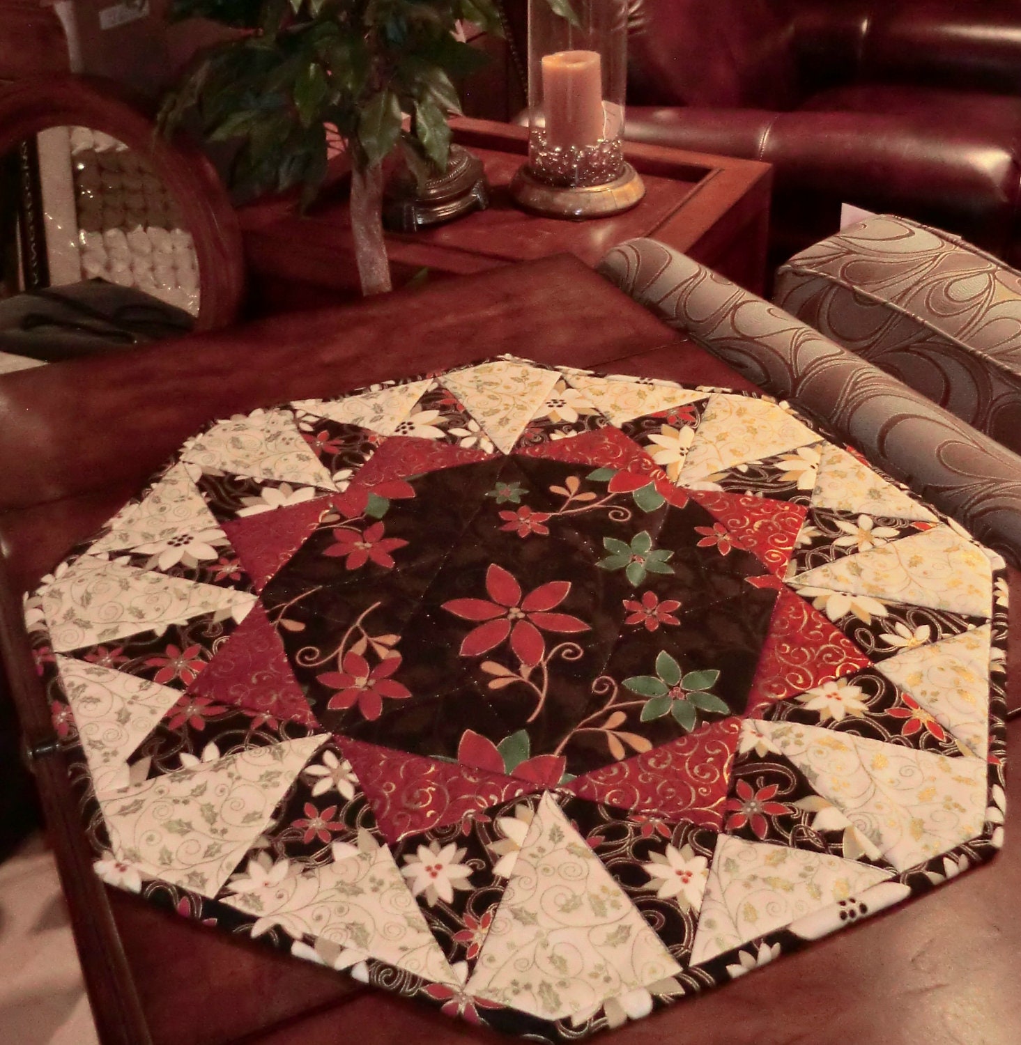 Only 1 Available Kit Christmas Centerpiece Table Runner or end table topper.  Poinsettias on black background. Gold metalic highlights