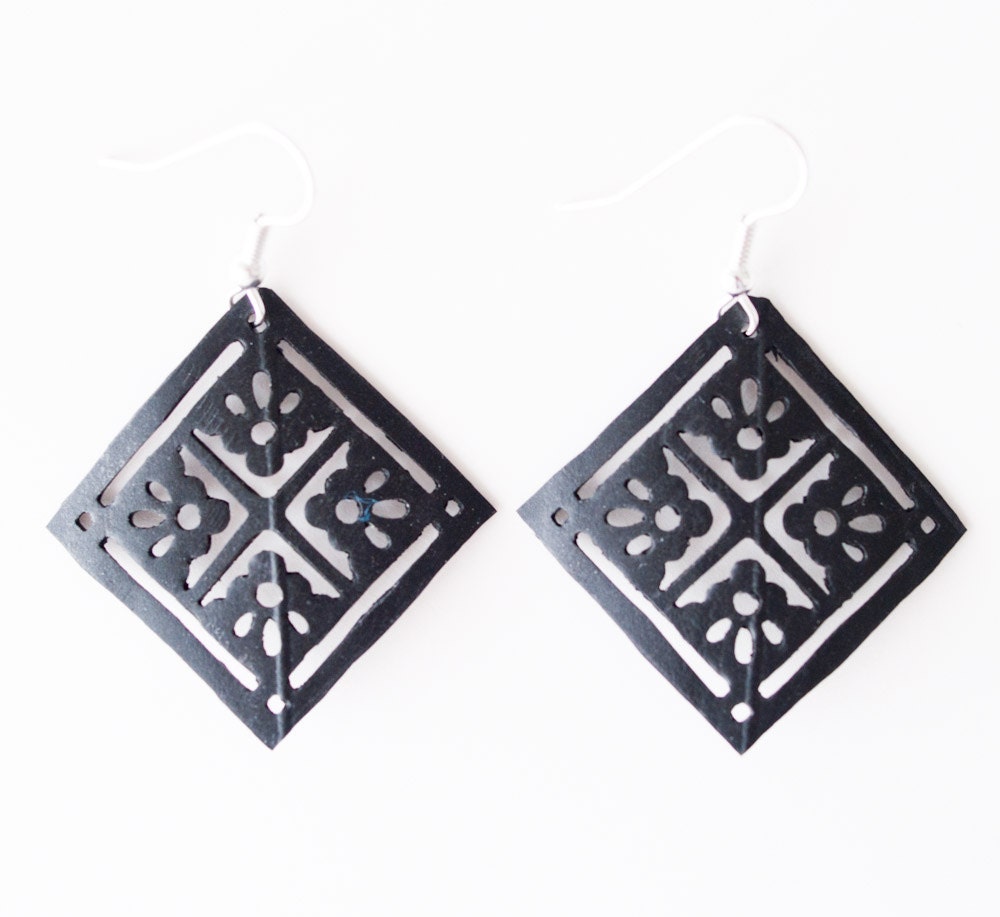 Upcycled Delicate Eco Friendly Black square Filigree Earrings