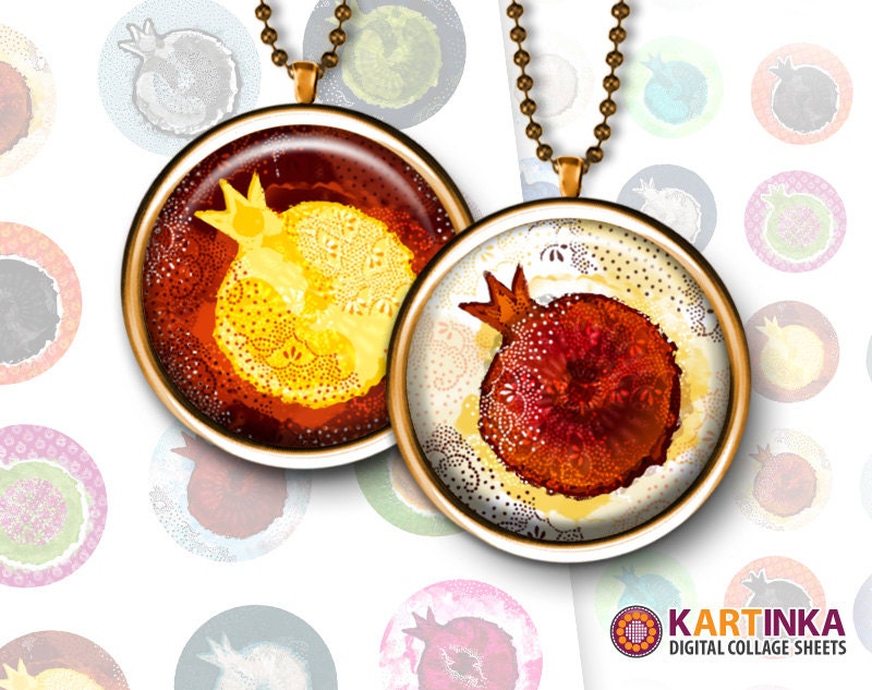 POMEGRANATE - 1 inch and 7/8 inch Circles Digital Collage Sheet Printable Download for Pendants Magnets Instant Download