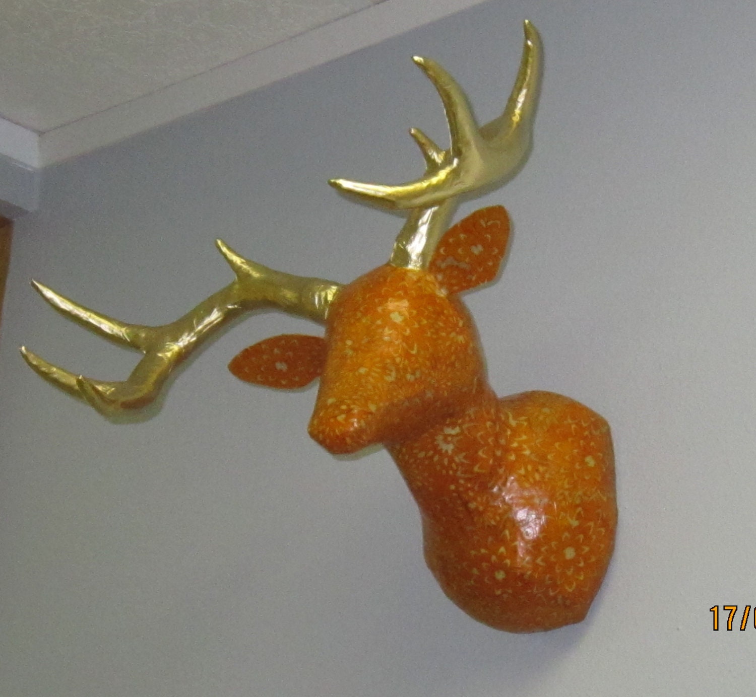 Orange and Gold Paper Mache Faux Taxidermy - Buck Head