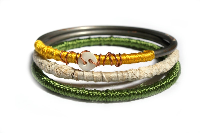 Upcycled Vintage Silk, Lace and Button 3 Piece Bangle Set