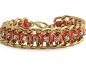 Peach and Pink Woven Chain and Rhinestone Bracelet