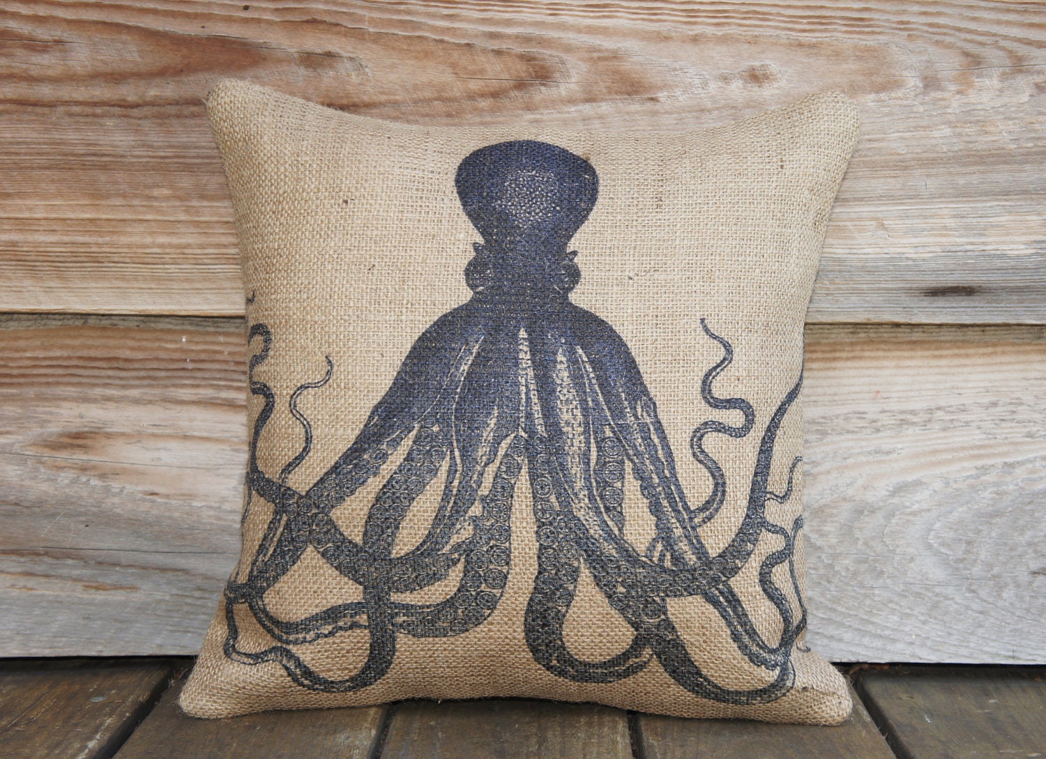 Blue Octopus Pillow Cover, Throw Pillow, Nautical Cushion Cover, Beach Decor, Accent Pillow, Beige, 16x16