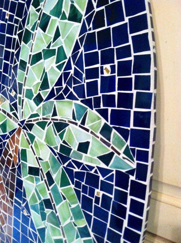Stained Glass Mosaic Surfboard 5ft Wall Art on Wood Base. Made to Order - Palm Tree, Sand and Sky