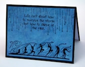Rain Dance Note card, Black and Blue, Stamped Greeting Card, dance in the rain blank card, notecard, Dancers, friendship card