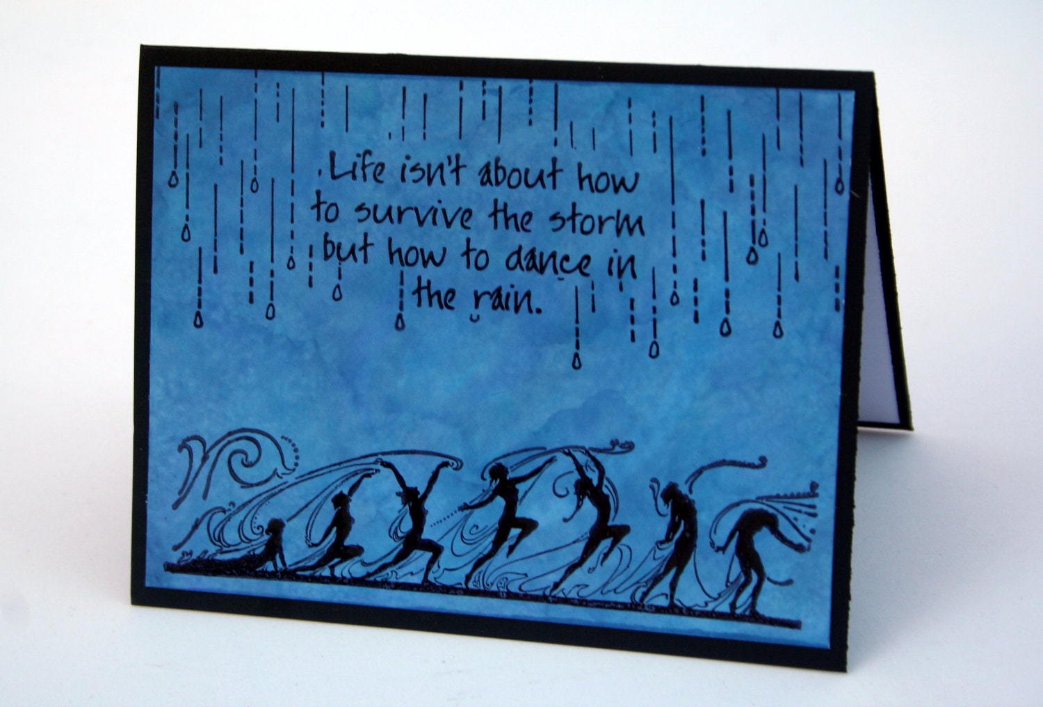 Rain Dance Note card, Black and Blue, Stamped Greeting Card, dance in the rain blank card, notecard, Dancers, friendship card