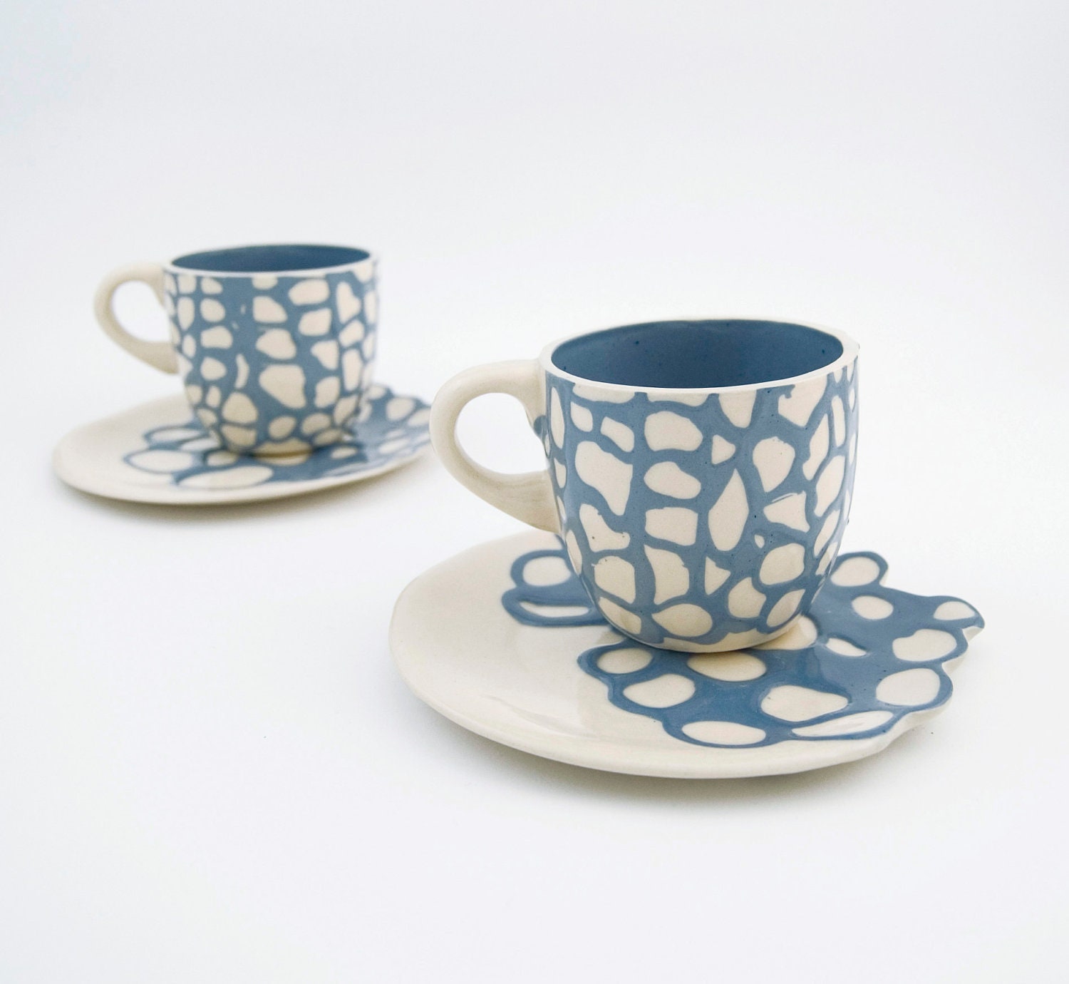 Ceramic stoneware set cup saucer coffee tea - unique handmade serving decorative textured kitchen pottery modern morning coffee - ecru blue