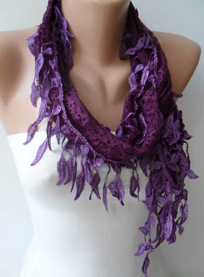 Dark Purple Lace Scarf with Dark Purple Trim Edge