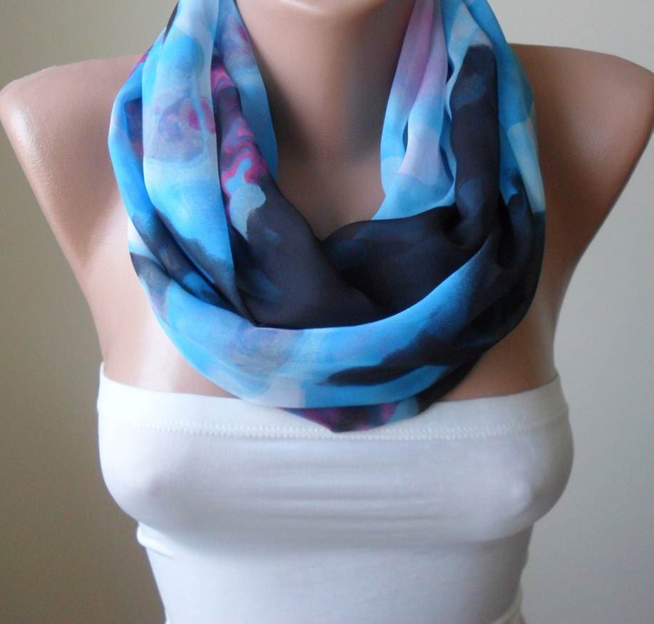 Infinity Scarf - Circle Scarf  -  Loop Scarf - Black - Blue Scarf - Chiffon Fabric