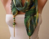 Trending Scarf - Jewelry Scarf - Mother's Day Gift - Green Chiffon Fabric with Golden Sequins - Beads and Chain