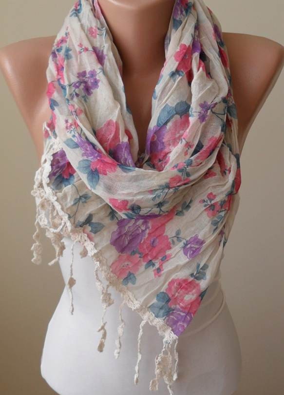 Beige Purple and Pink Linen Scarf with Brown Trim Edge