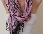 Light Pink and Black - Silk/Chiffon Scarf with Black Trim Edge