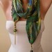 Trending Scarf - Jewelry Scarf - Mother's Day Gift - Green Chiffon Fabric with Golden Sequins - Beads and Chain