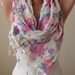 Beige Purple and Pink Linen Scarf with Brown Trim Edge