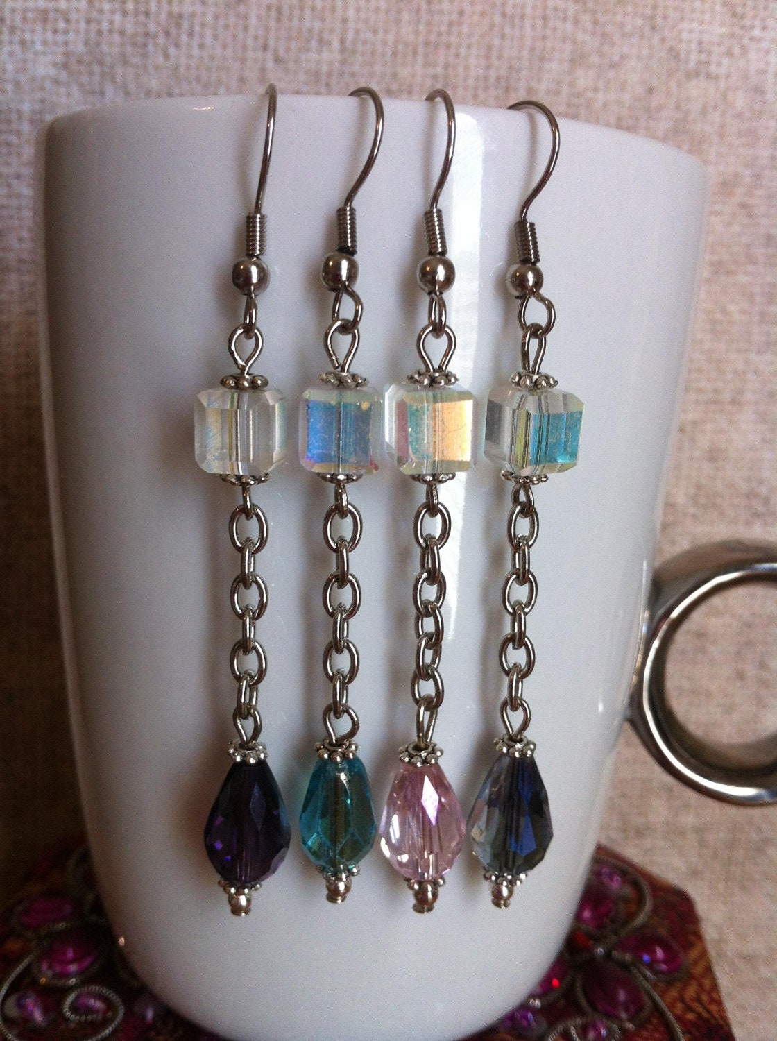 Your choice - Purple, Green, Pink, or Blue and Clear AB Cube and chain earrings