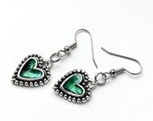 Green Heart Earrings, Green Jewelry, Anniversary Gift for Girlfriend, Silver Heart Earrings, Silver Heart Jewelry