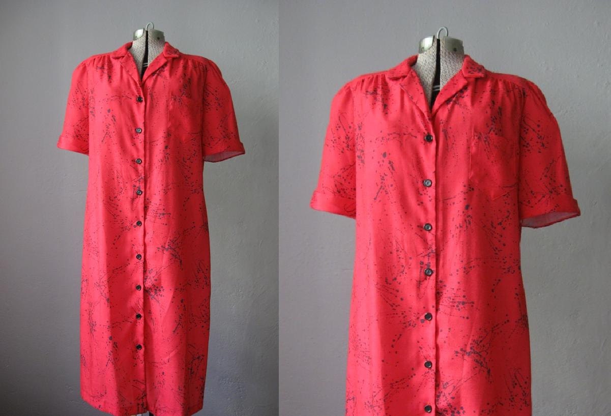 1970s Housecoat Robe Hot Pink / House Dress Button Front Short Sleeve 70s Dress / Pollack Splatter / Large Extra Large L XL