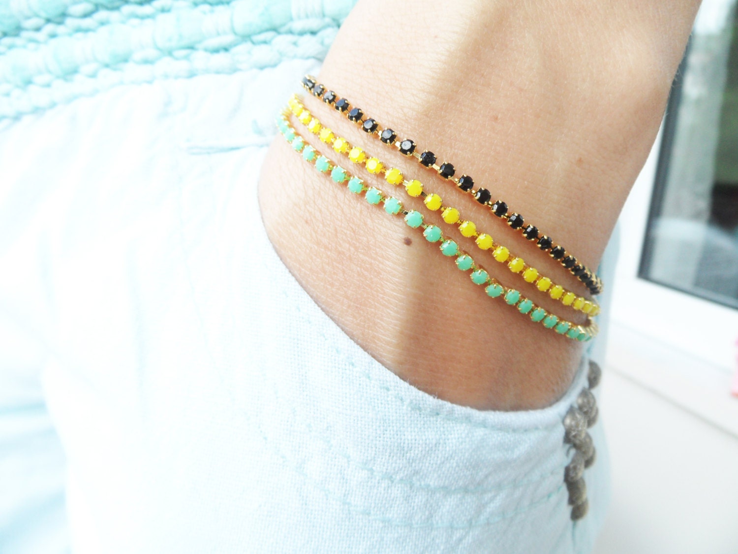 Chain bracelet double row crystal chain jewelry yellow orange blue green black best friend birthday daily use everyday turkish
