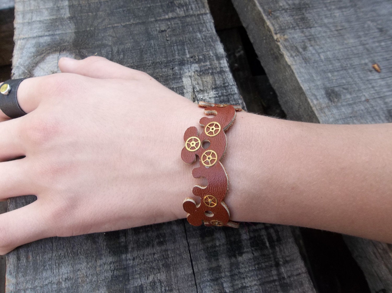 Clockpunk Steampunk Leather Bracelet with Brass Gears