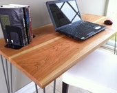 Modern industrial, mid century modern desk featuring solid American cherry wood top with hairpin legs