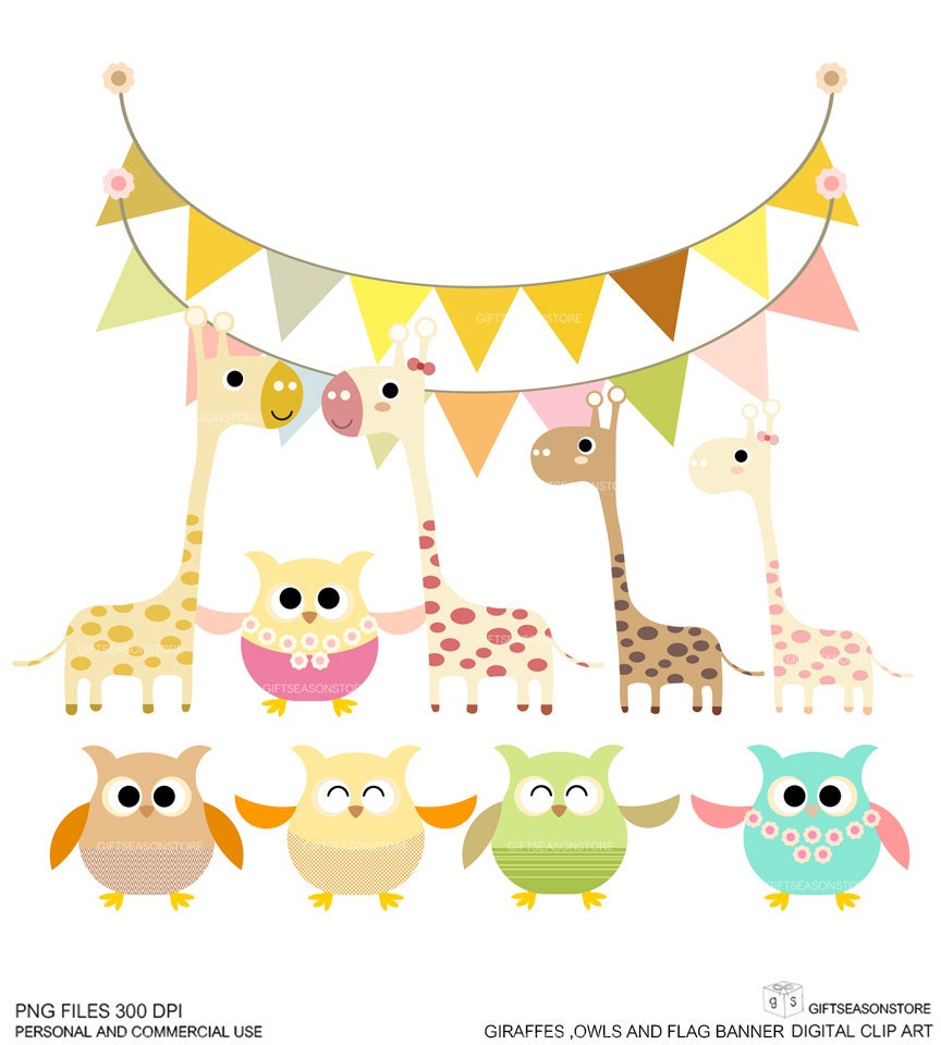 Giraffes owls flag banners Digital clip art for Personal and Commercial use - INSTANT DOWNLOAD