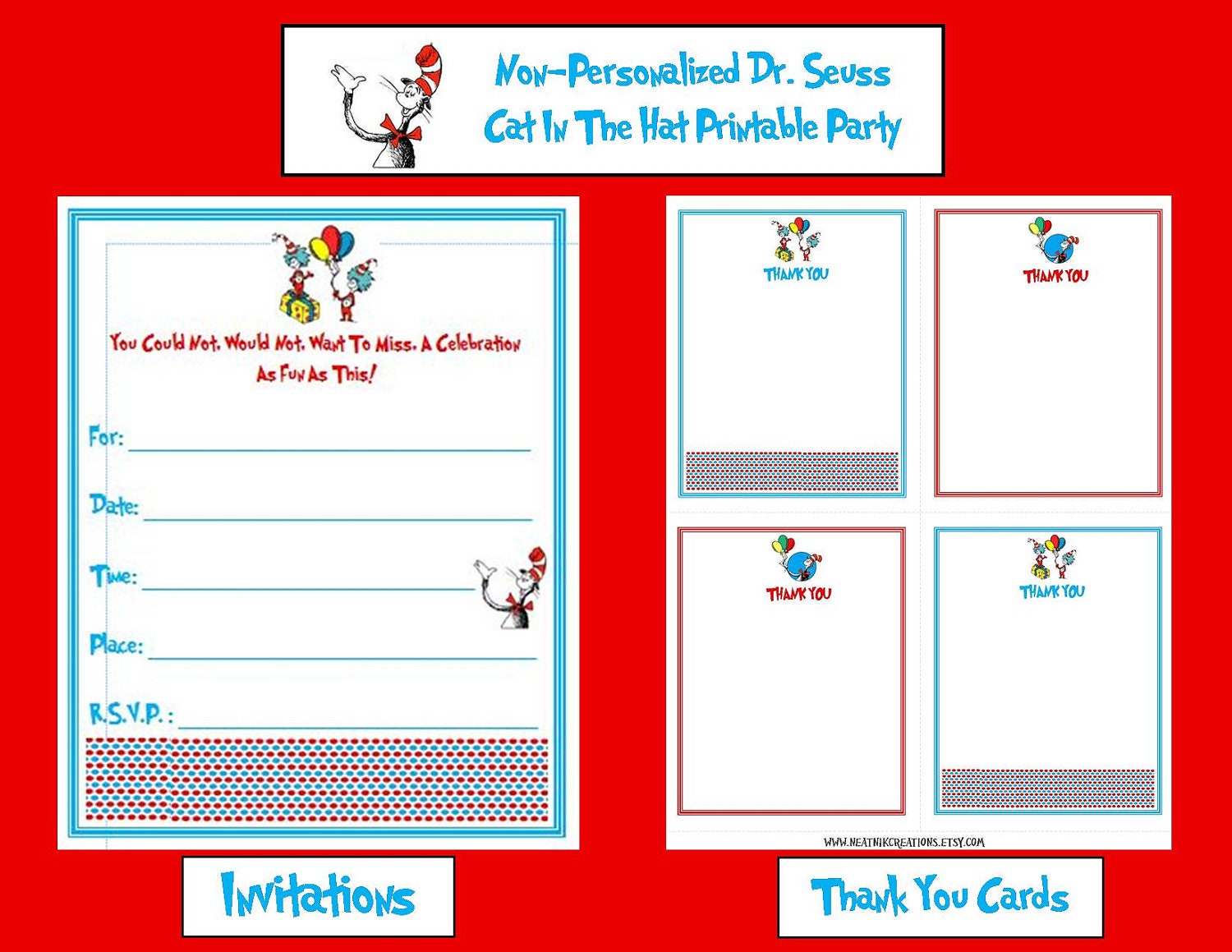 Non-Personalized Dr. Seuss Cat In The Hat Printable Party Pack